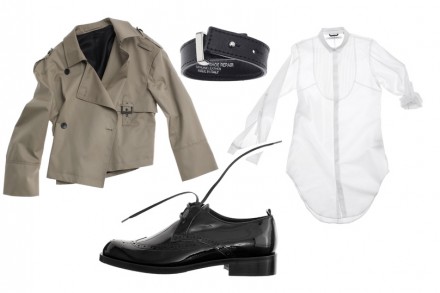 FASR f/w 2009: Short Trench, Bracelet, Extra Long Shirt, Brouch Shoe