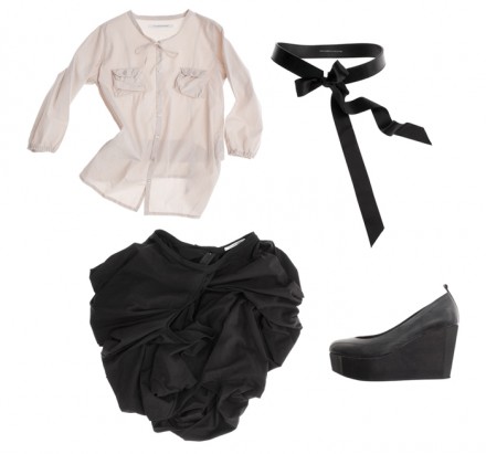 FASR f/w 2009: Asymmetric Pocket Shirt, Bow Belt, Trippel Skirt, Platform Boot