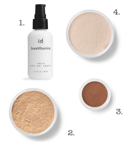 1) bareVitamins Skin Rev-er Upper, 2) bareMinerals Original SPF 15 Foundation, sävy Light, 3) Warmth All-Over Face Color, 4) bareMinerals Mineral Veil