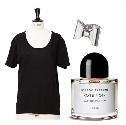 Acne Level T-shirt, Titti Bjernér Ribbon Ring, Byredo Rose Noir Parfum